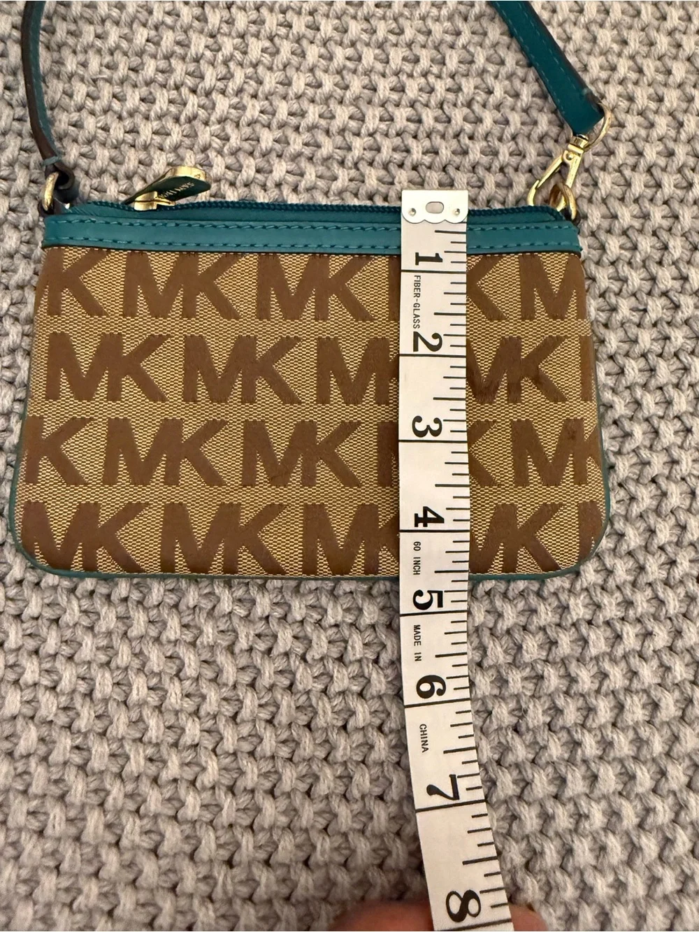 Michael Kors Brown Logo Wristlet with Teal Trim